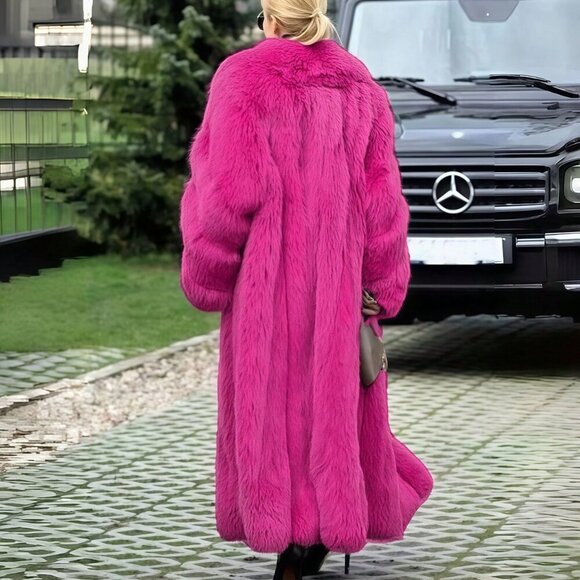 Fuchsia Women's Waterfall Neckline Long Faux Fur Coat - Picture 3 of 8